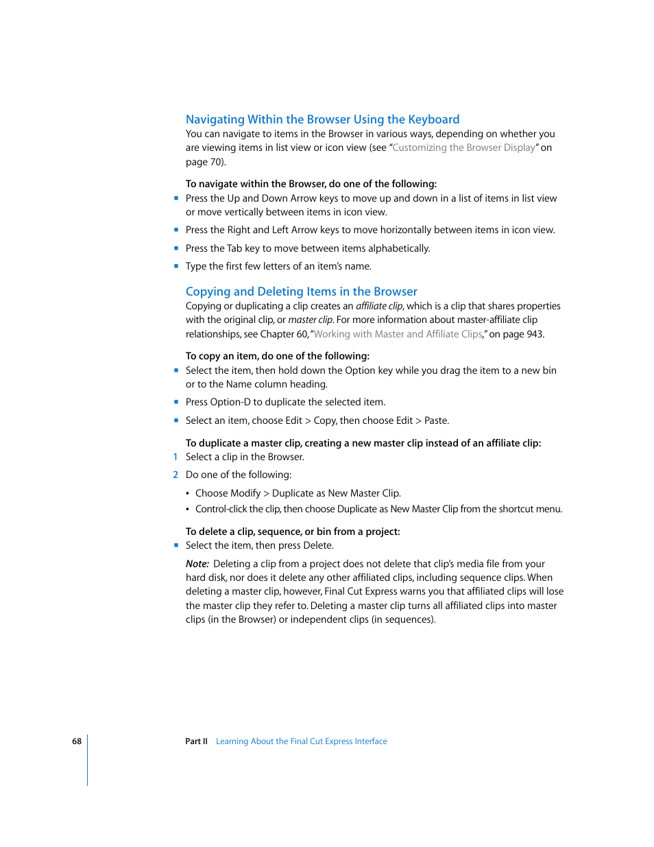 Navigating within the browser using the keyboard, Copying and deleting items in the browser | Apple Final Cut Express 4 User Manual | Page 68 / 1152