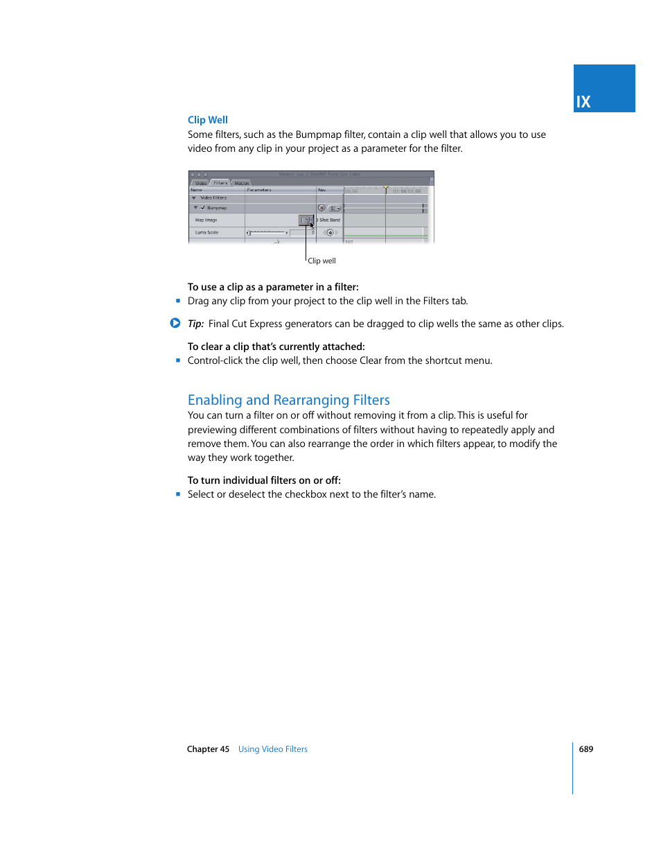 Enabling and rearranging filters, P. 689), Enabling and | Rearranging filters | Apple Final Cut Express 4 User Manual | Page 689 / 1152
