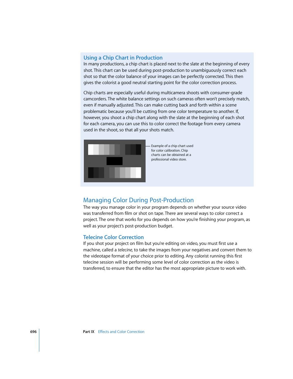 Using a chip chart in production, Managing color during post-production, Telecine color correction | Apple Final Cut Express 4 User Manual | Page 696 / 1152
