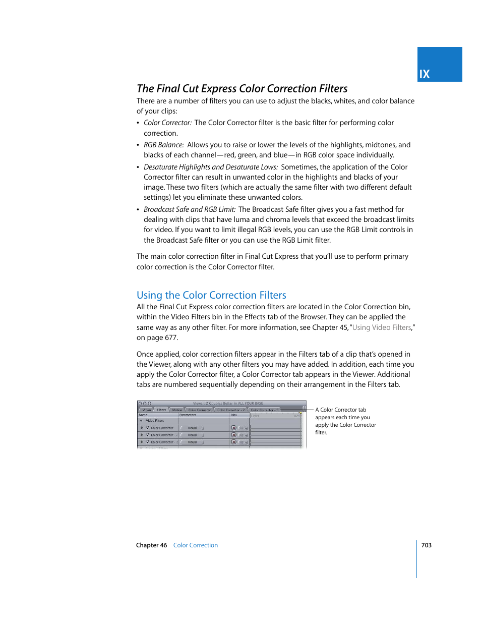 The finalcutexpress color correction filters, Using the color correction filters, The final cut express color correction filters | P. 703) | Apple Final Cut Express 4 User Manual | Page 703 / 1152