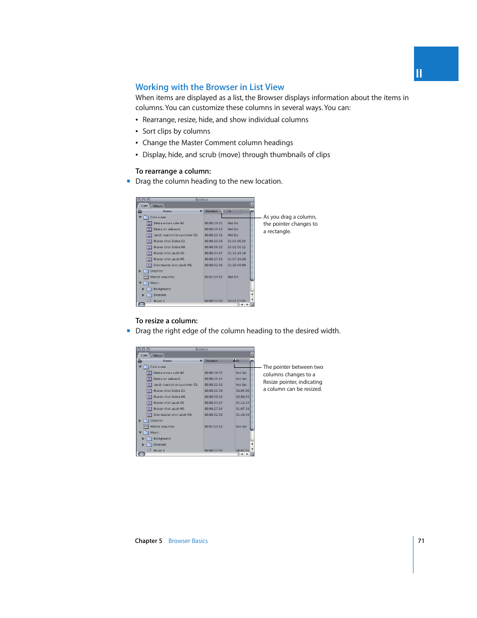 Working with the browser in list view | Apple Final Cut Express 4 User Manual | Page 71 / 1152