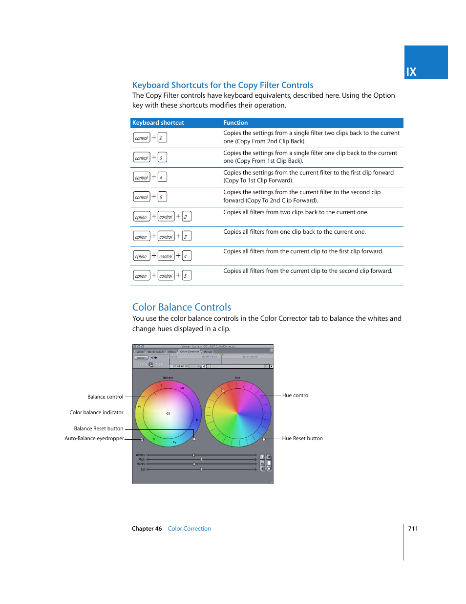 Keyboard shortcuts for the copy filter controls, Color balance controls | Apple Final Cut Express 4 User Manual | Page 711 / 1152