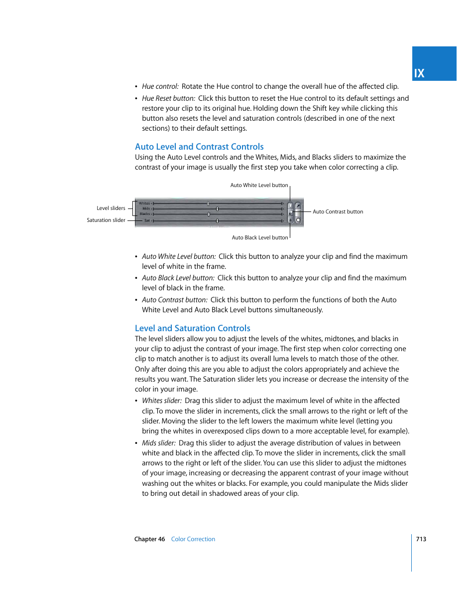 Auto level and contrast controls, Level and saturation controls | Apple Final Cut Express 4 User Manual | Page 713 / 1152