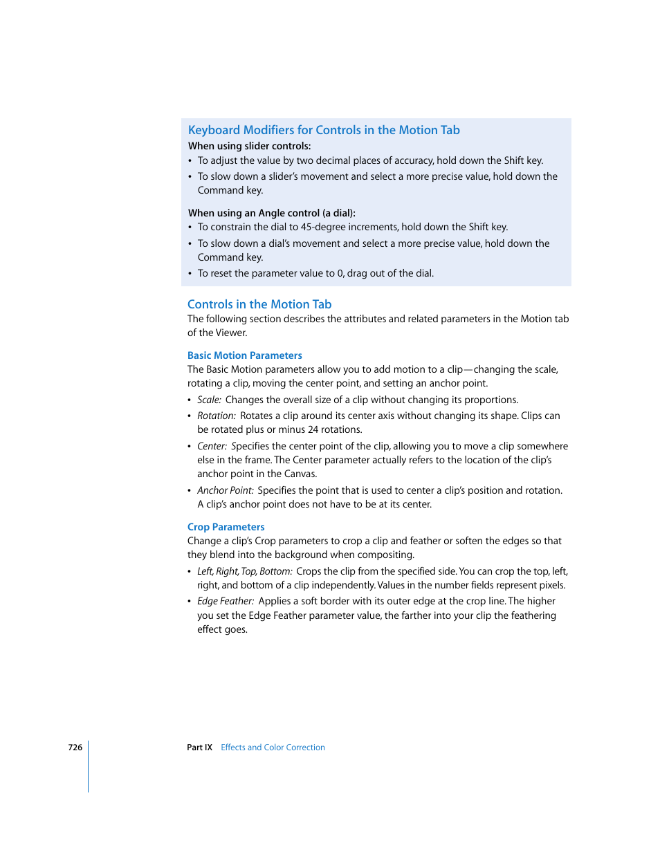 Keyboard modifiers for controls in the motion tab, Controls in the motion tab | Apple Final Cut Express 4 User Manual | Page 726 / 1152