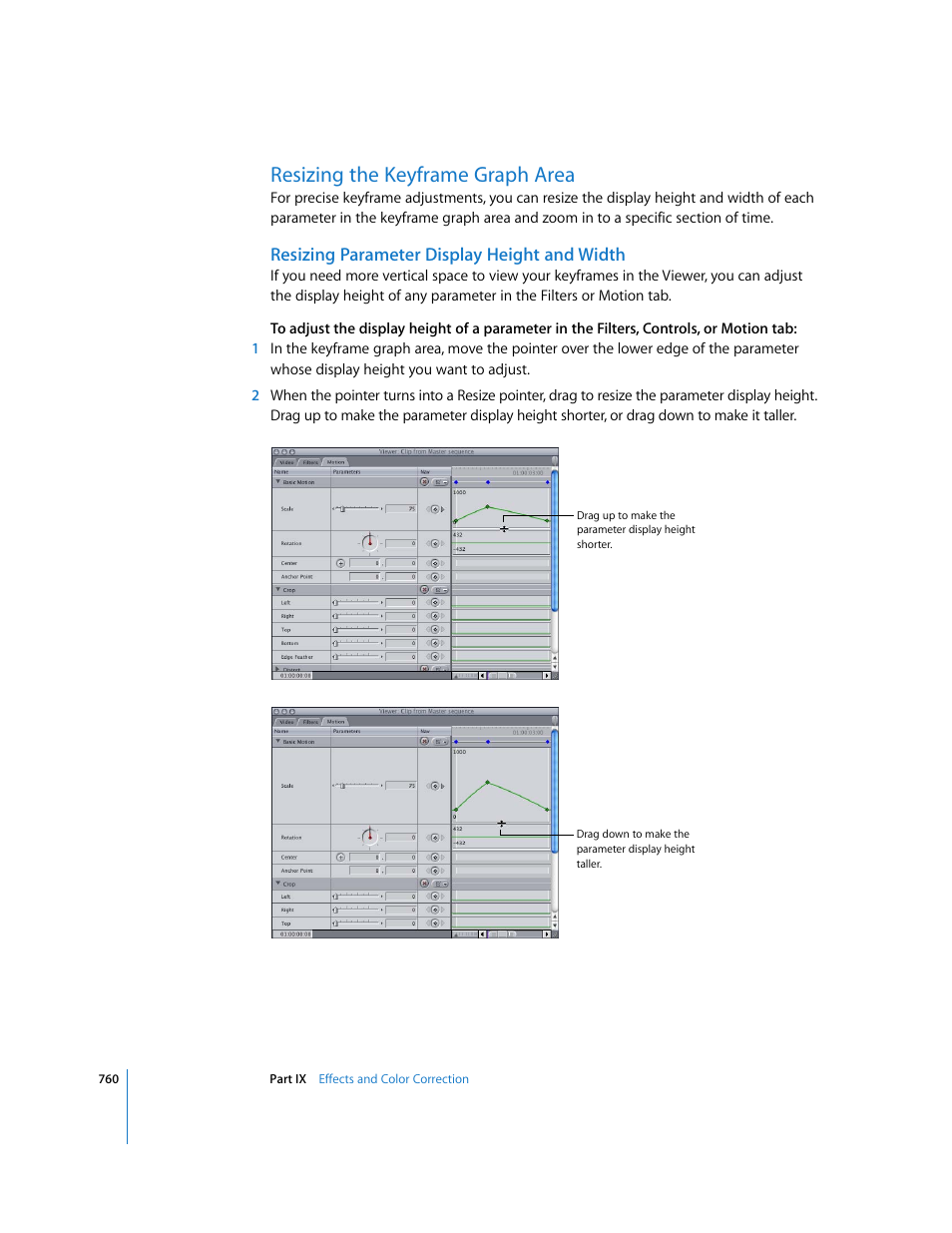 Resizing the keyframe graph area, Resizing parameter display height and width | Apple Final Cut Express 4 User Manual | Page 760 / 1152