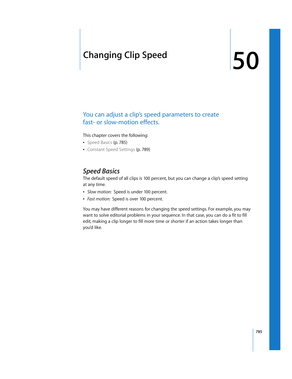 Changing clip speed, Speed basics, Chapter 50 | Apple Final Cut Express 4 User Manual | Page 785 / 1152