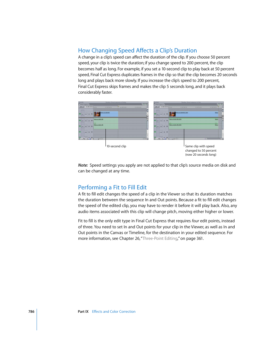 How changing speed affects a clip’s duration, Performing a fit to fill edit | Apple Final Cut Express 4 User Manual | Page 786 / 1152