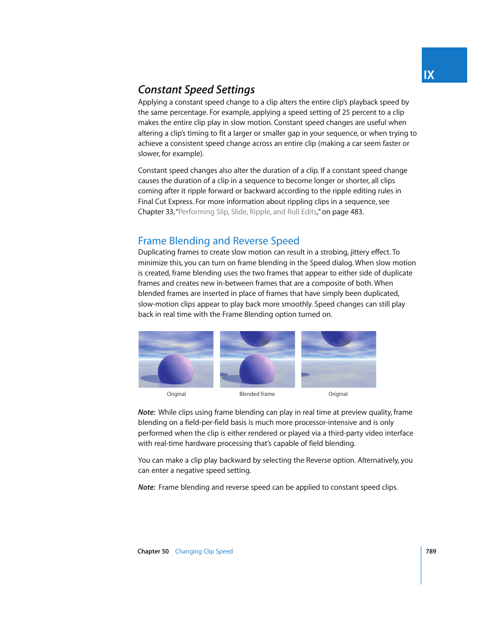 Constant speed settings, Frame blending and reverse speed, P. 789) | Apple Final Cut Express 4 User Manual | Page 789 / 1152
