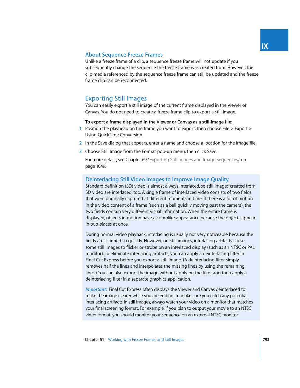 About sequence freeze frames, Exporting still images, P. 793) | Apple Final Cut Express 4 User Manual | Page 793 / 1152