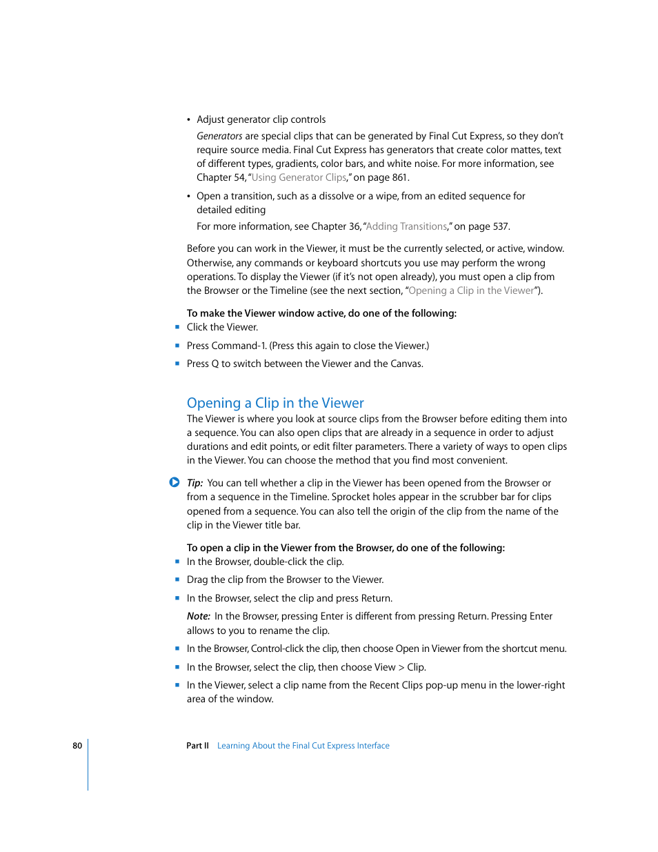 Opening a clip in the viewer, P. 80) | Apple Final Cut Express 4 User Manual | Page 80 / 1152