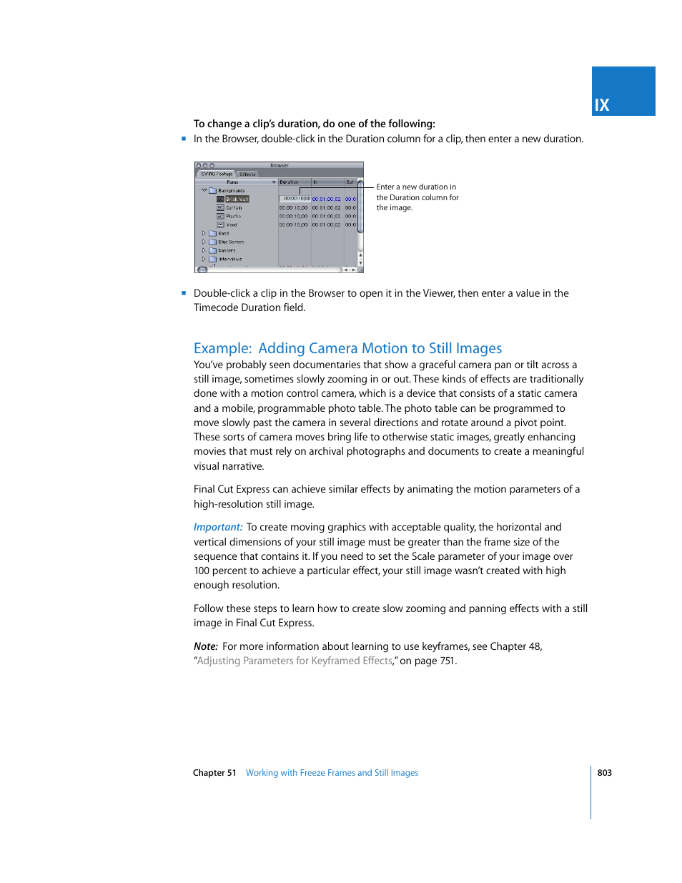 Example:adding camera motion to still images, Example: adding camera motion to still images, P. 803) | Apple Final Cut Express 4 User Manual | Page 803 / 1152