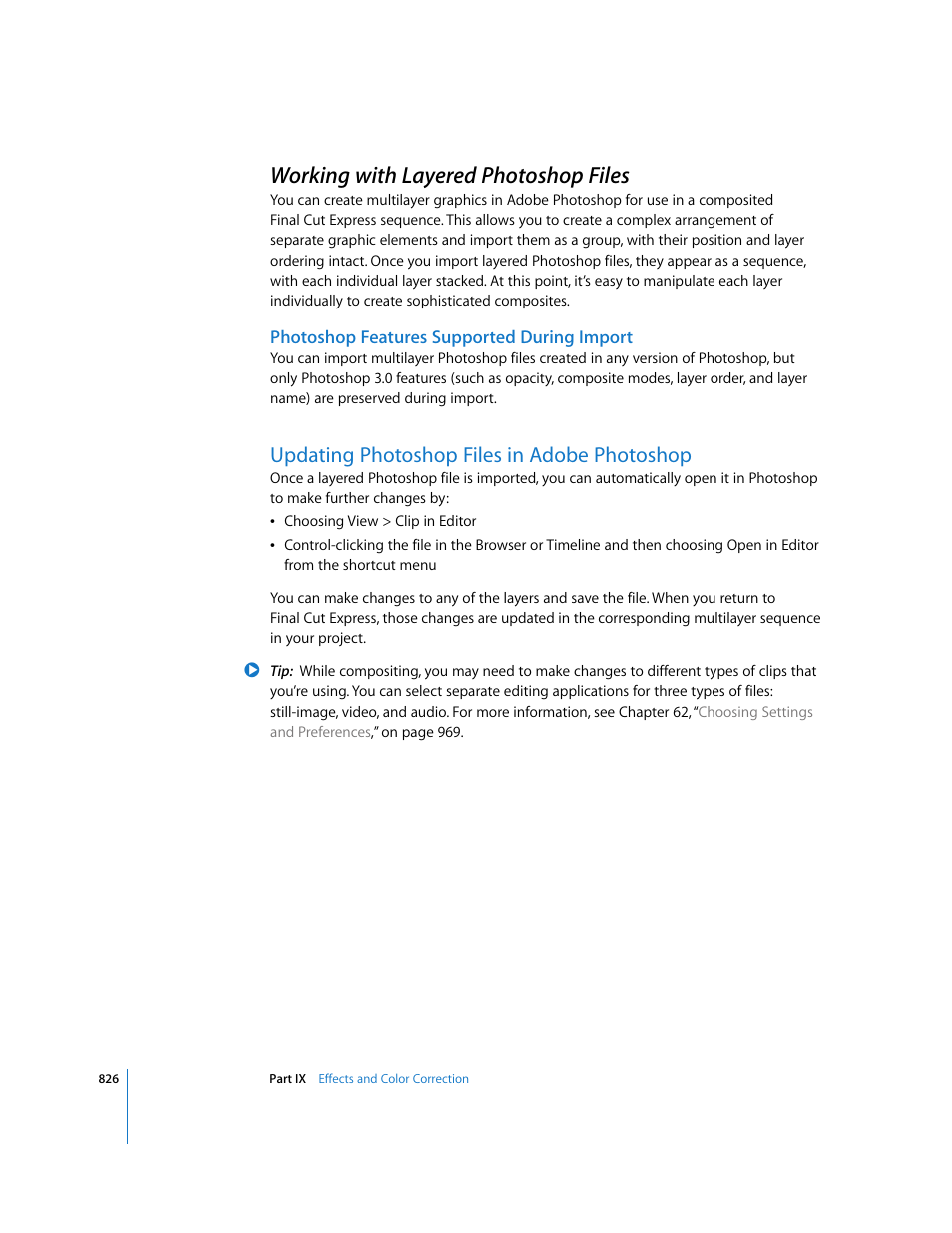 Working with layered photoshop files, Photoshop features supported during import, Updating photoshop files in adobe photoshop | P. 826) | Apple Final Cut Express 4 User Manual | Page 826 / 1152