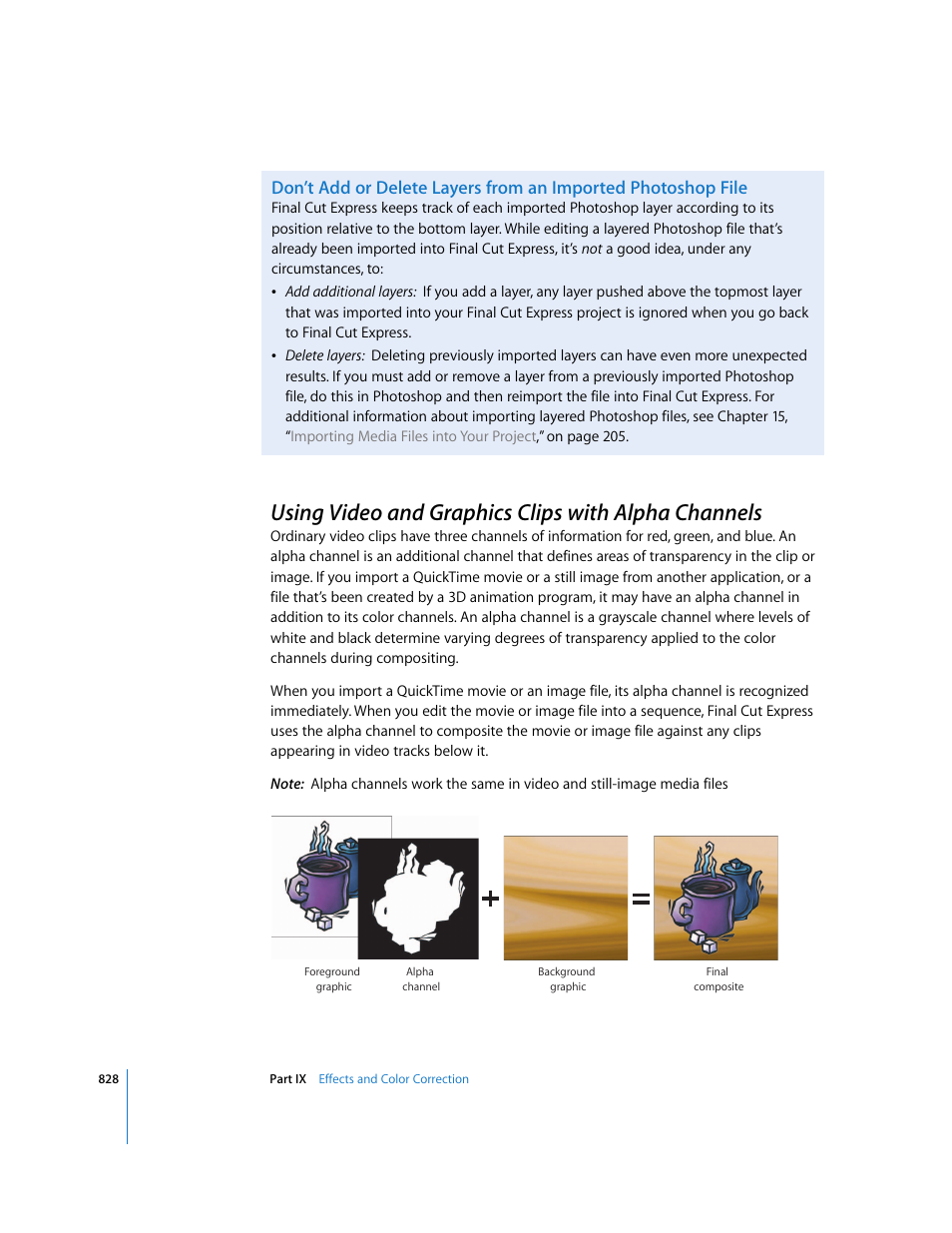 Using video and graphics clips with alpha channels, P. 828), Using video and graphics clips with alpha | Channels, Ed alpha track (see | Apple Final Cut Express 4 User Manual | Page 828 / 1152