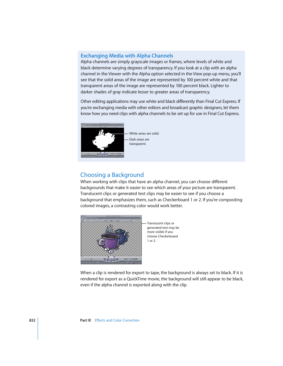 Exchanging media with alpha channels, Choosing a background | Apple Final Cut Express 4 User Manual | Page 832 / 1152