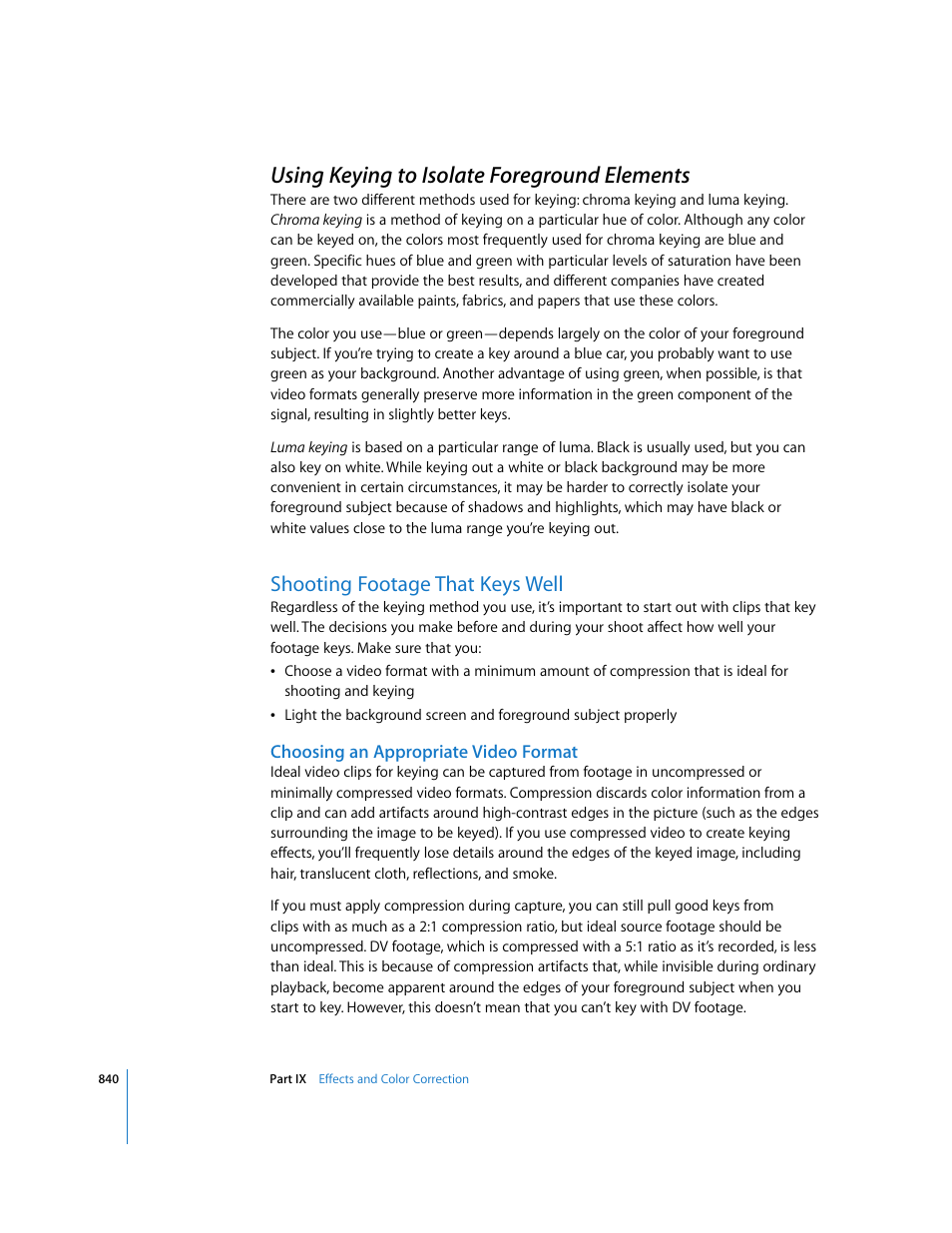 Using keying to isolate foreground elements, Shooting footage that keys well, Choosing an appropriate video format | P. 840) | Apple Final Cut Express 4 User Manual | Page 840 / 1152