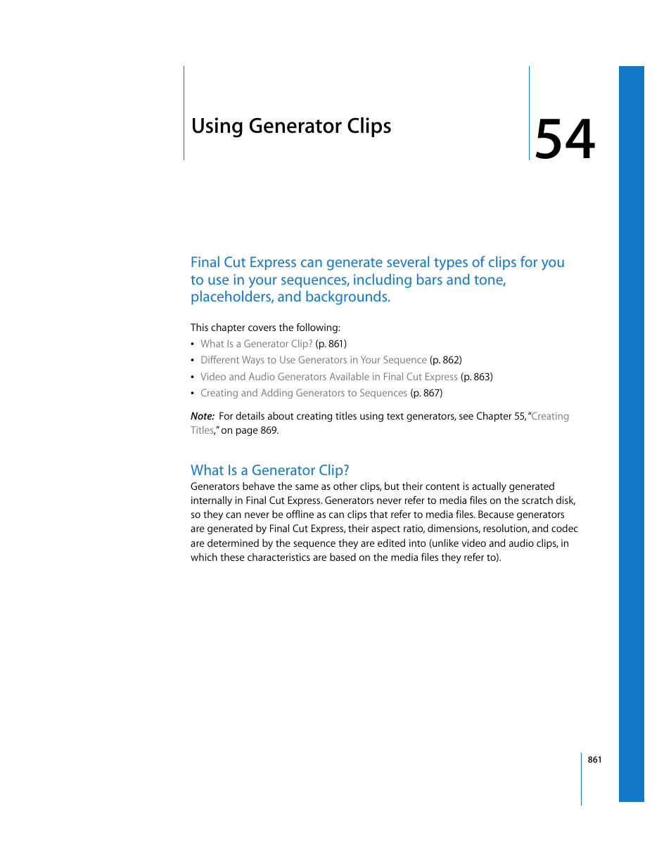 Using generator clips, What is a generator clip, Chapter 54 | See chapter 54, Using, Generator clips, Er 54 | Apple Final Cut Express 4 User Manual | Page 861 / 1152