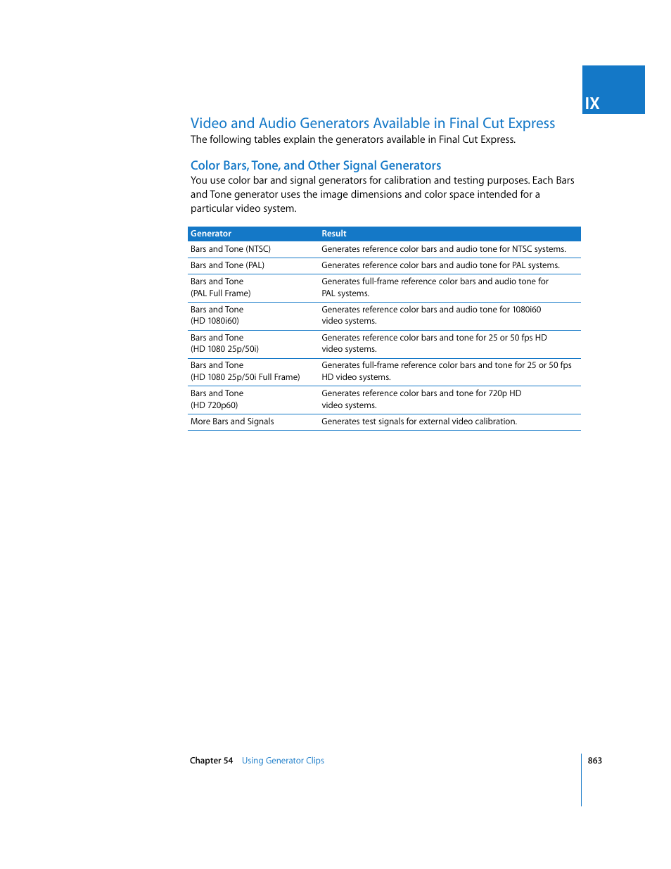 Color bars, tone, and other signal generators, P. 863) | Apple Final Cut Express 4 User Manual | Page 863 / 1152