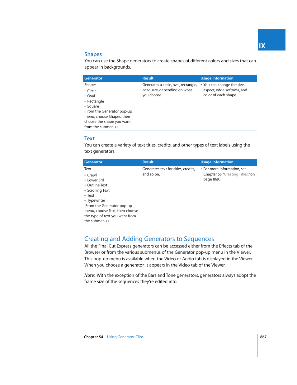 Shapes, Text, Creating and adding generators to sequences | P. 867) | Apple Final Cut Express 4 User Manual | Page 867 / 1152