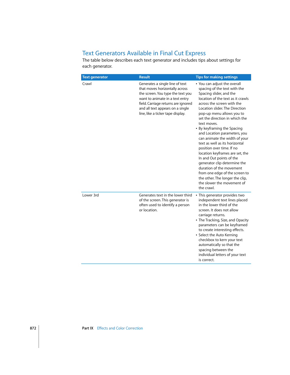 Text generators available in finalcutexpress, Text generators available in final cut express, P. 872) | Apple Final Cut Express 4 User Manual | Page 872 / 1152