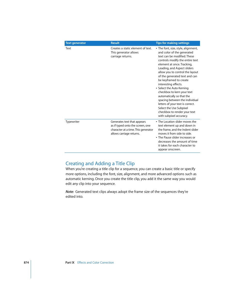 Creating and adding a title clip, P. 874) | Apple Final Cut Express 4 User Manual | Page 874 / 1152