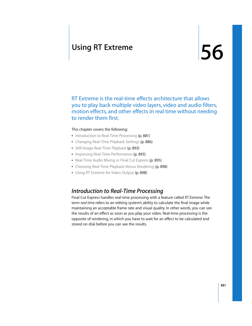 Using rt extreme, Introduction to real-time processing, Chapter 56 | See chapter 56 | Apple Final Cut Express 4 User Manual | Page 881 / 1152