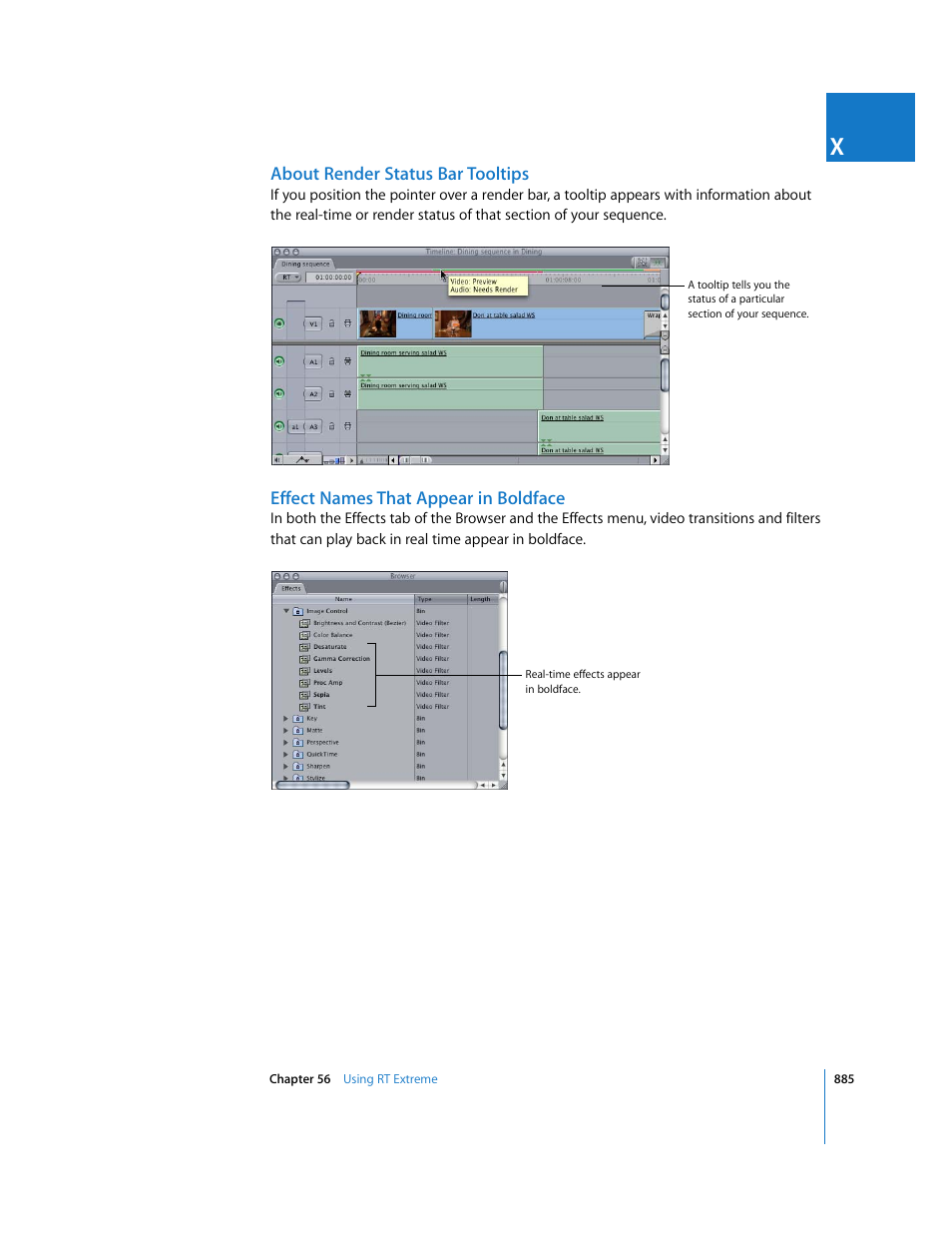 About render status bar tooltips, Effect names that appear in boldface | Apple Final Cut Express 4 User Manual | Page 885 / 1152