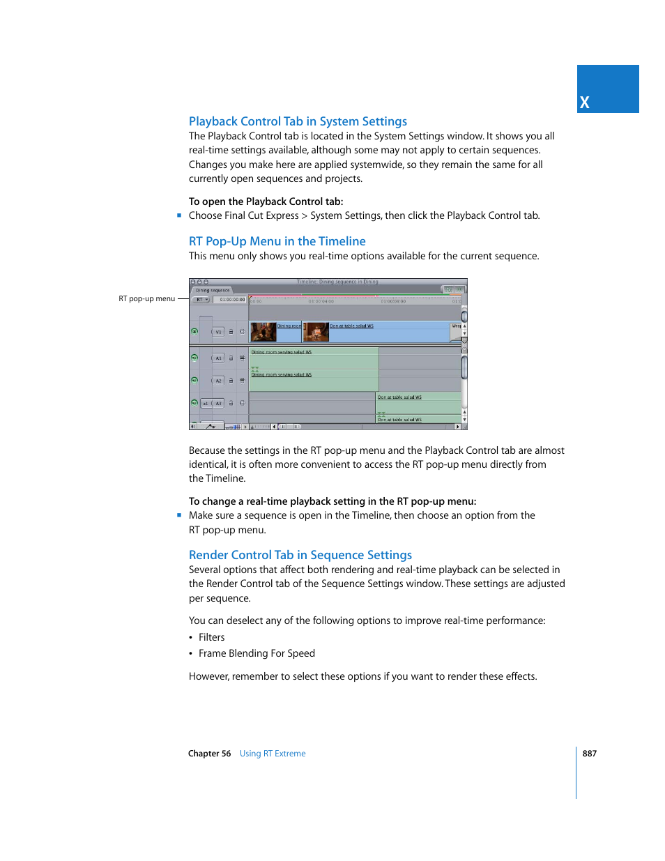 Playback control tab in system settings, Rt pop-up menu in the timeline, Render control tab in sequence settings | Apple Final Cut Express 4 User Manual | Page 887 / 1152