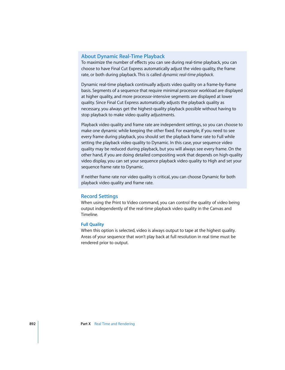About dynamic real-time playback, Record settings | Apple Final Cut Express 4 User Manual | Page 892 / 1152