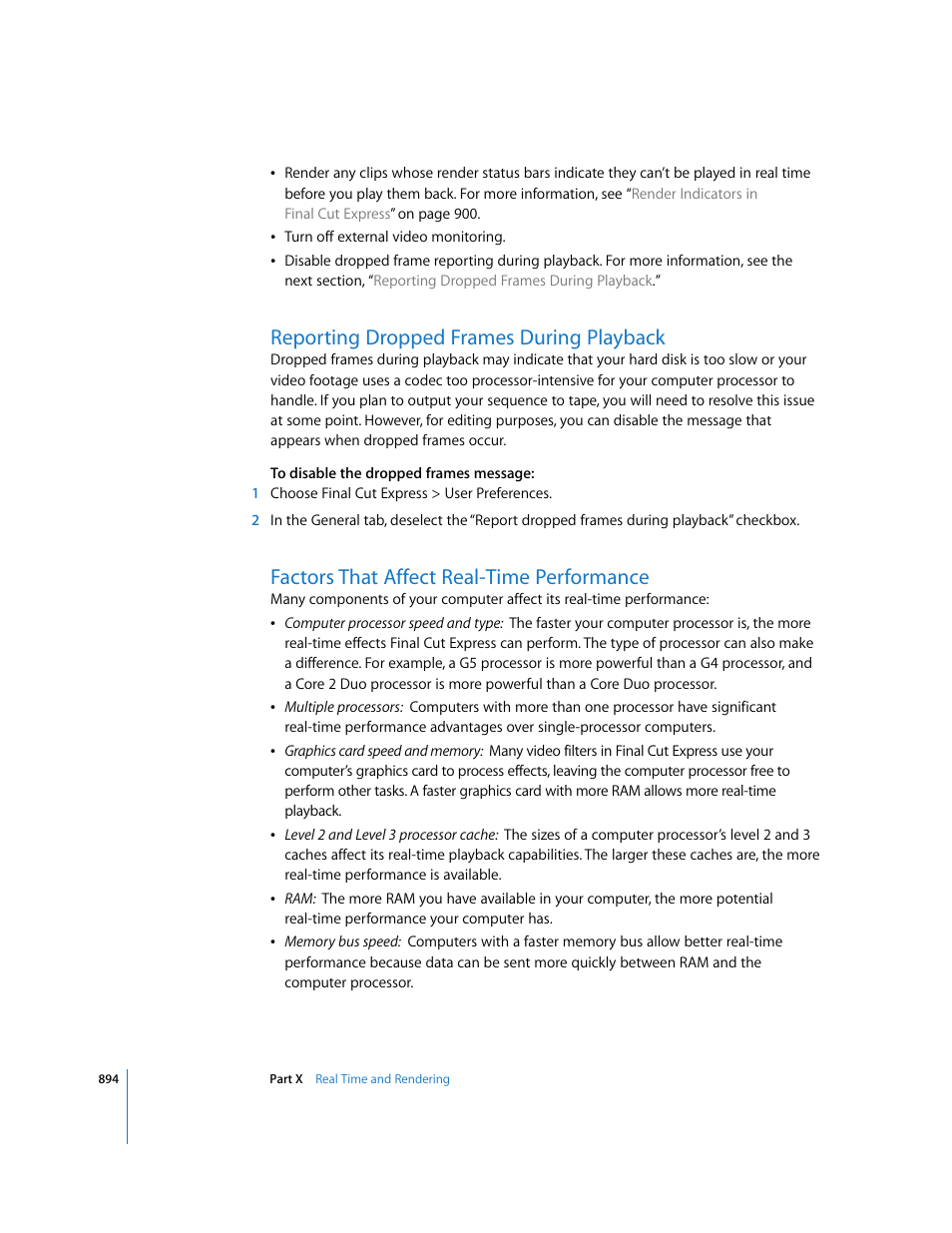 Reporting dropped frames during playback, Factors that affect real-time performance | Apple Final Cut Express 4 User Manual | Page 894 / 1152