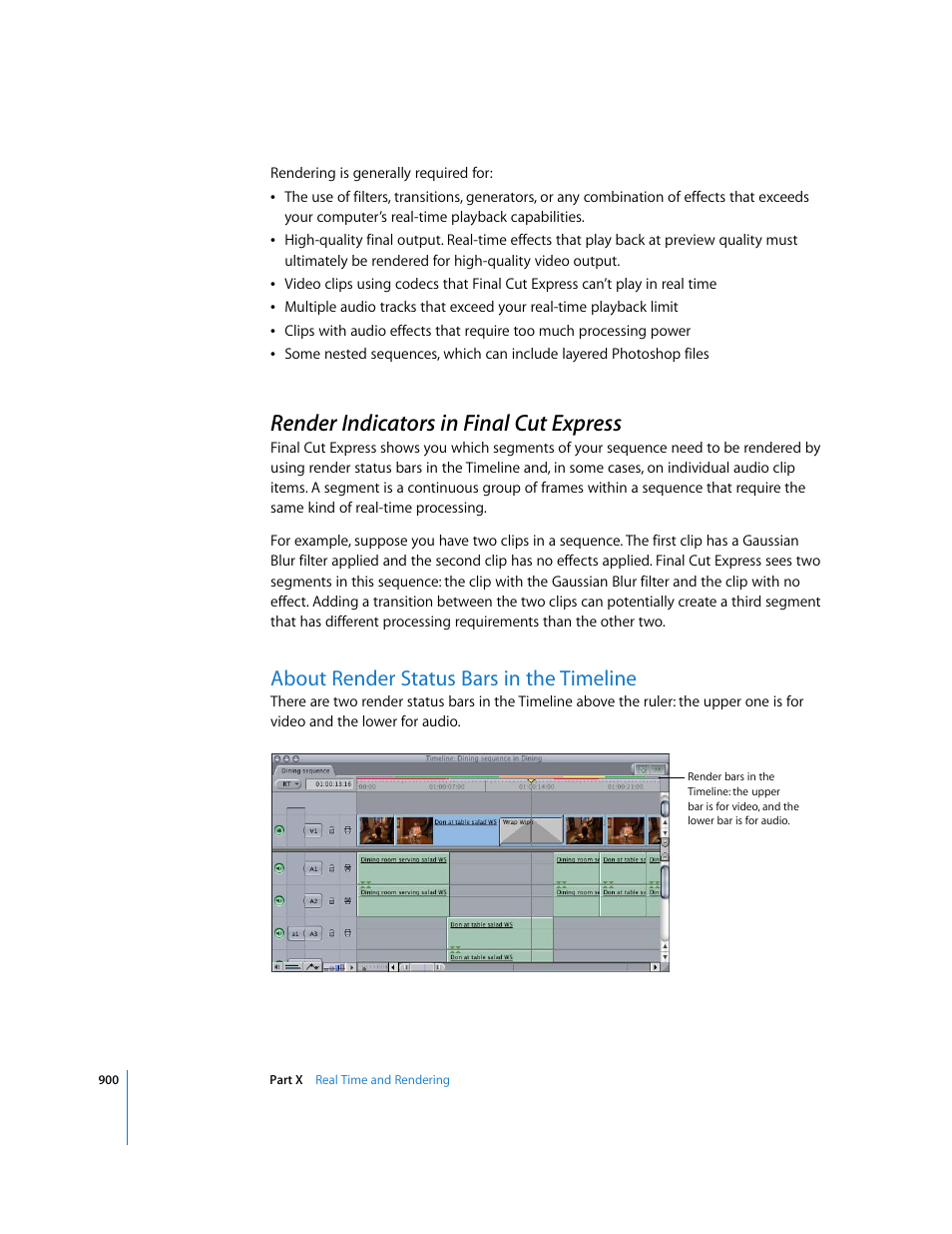 Render indicators in finalcutexpress, About render status bars in the timeline, Render indicators in final cut express | Render indicators in, Final cut express | Apple Final Cut Express 4 User Manual | Page 900 / 1152