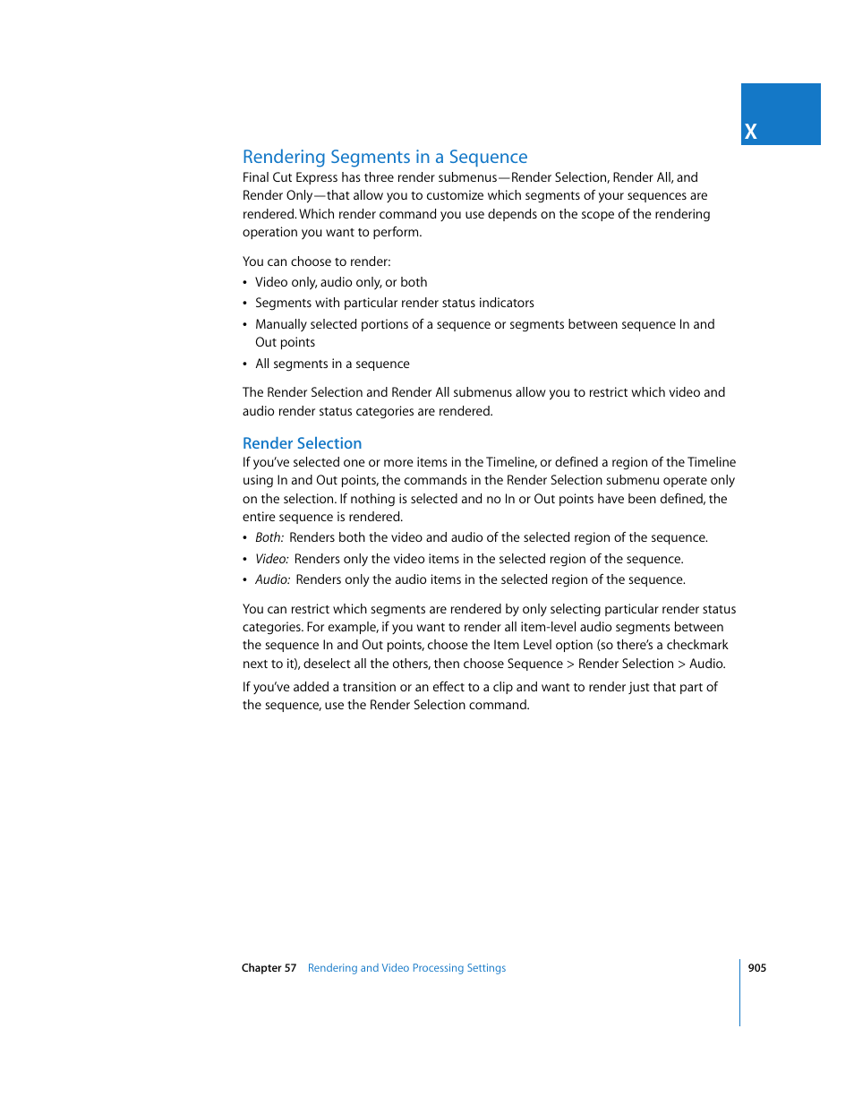 Rendering segments in a sequence, Render selection | Apple Final Cut Express 4 User Manual | Page 905 / 1152