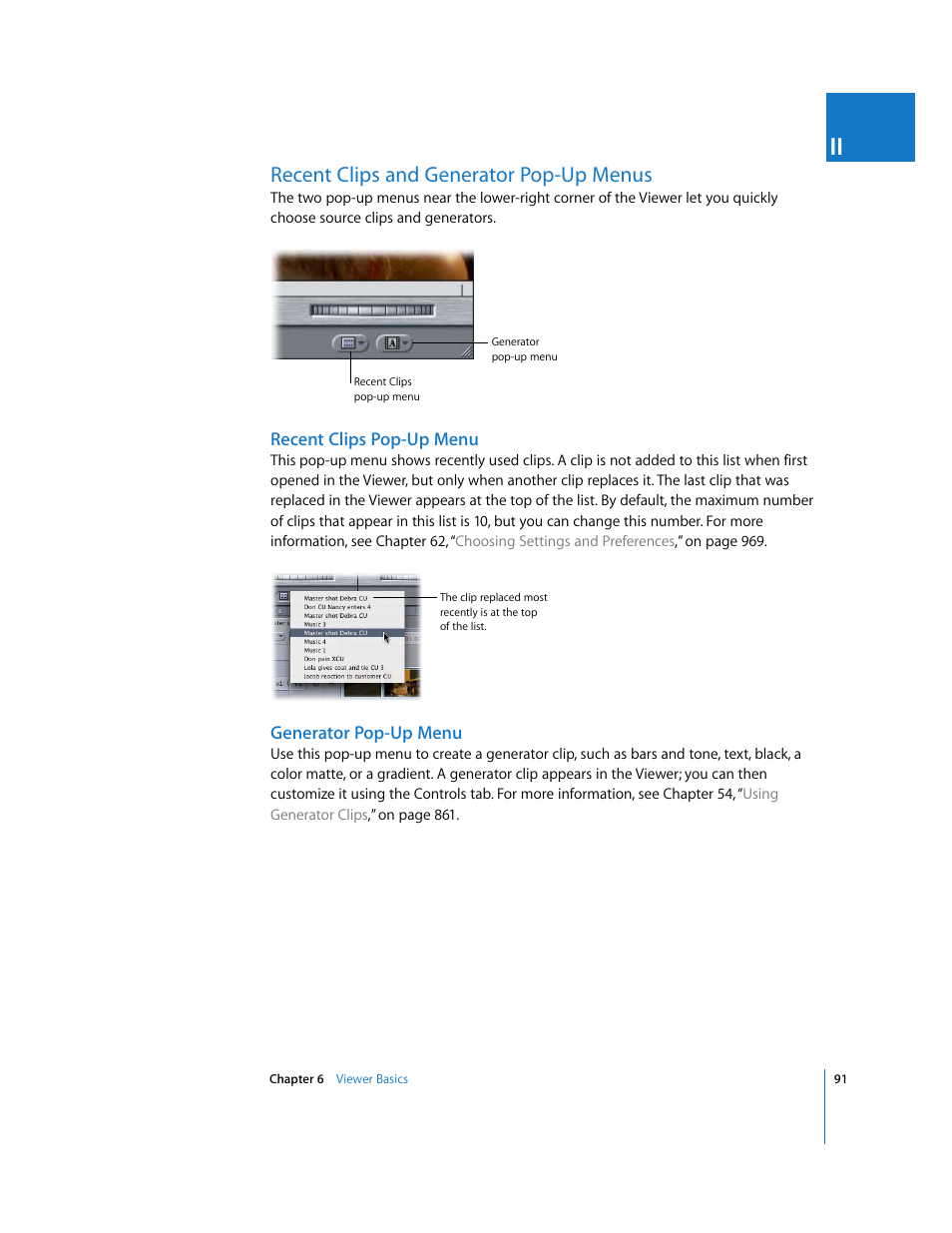 Recent clips and generator pop-up menus, Recent clips pop-up menu, Generator pop-up menu | P. 91) | Apple Final Cut Express 4 User Manual | Page 91 / 1152