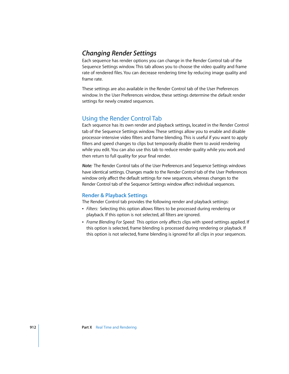 Changing render settings, Using the render control tab, Render & playback settings | Apple Final Cut Express 4 User Manual | Page 912 / 1152