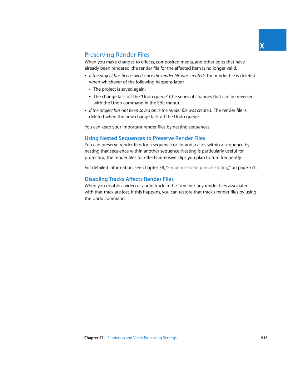 Preserving render files, Using nested sequences to preserve render files, Disabling tracks affects render files | Apple Final Cut Express 4 User Manual | Page 915 / 1152