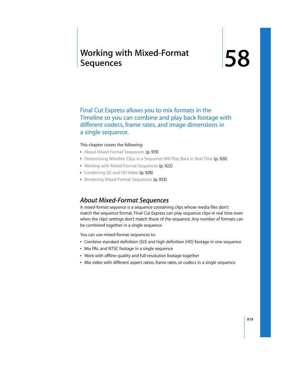 Working with mixed-format sequences, About mixed-format sequences, Chapter 58 | See chapter 58, Working with mixed-format, Sequences, Working, With mixed-format sequences | Apple Final Cut Express 4 User Manual | Page 919 / 1152