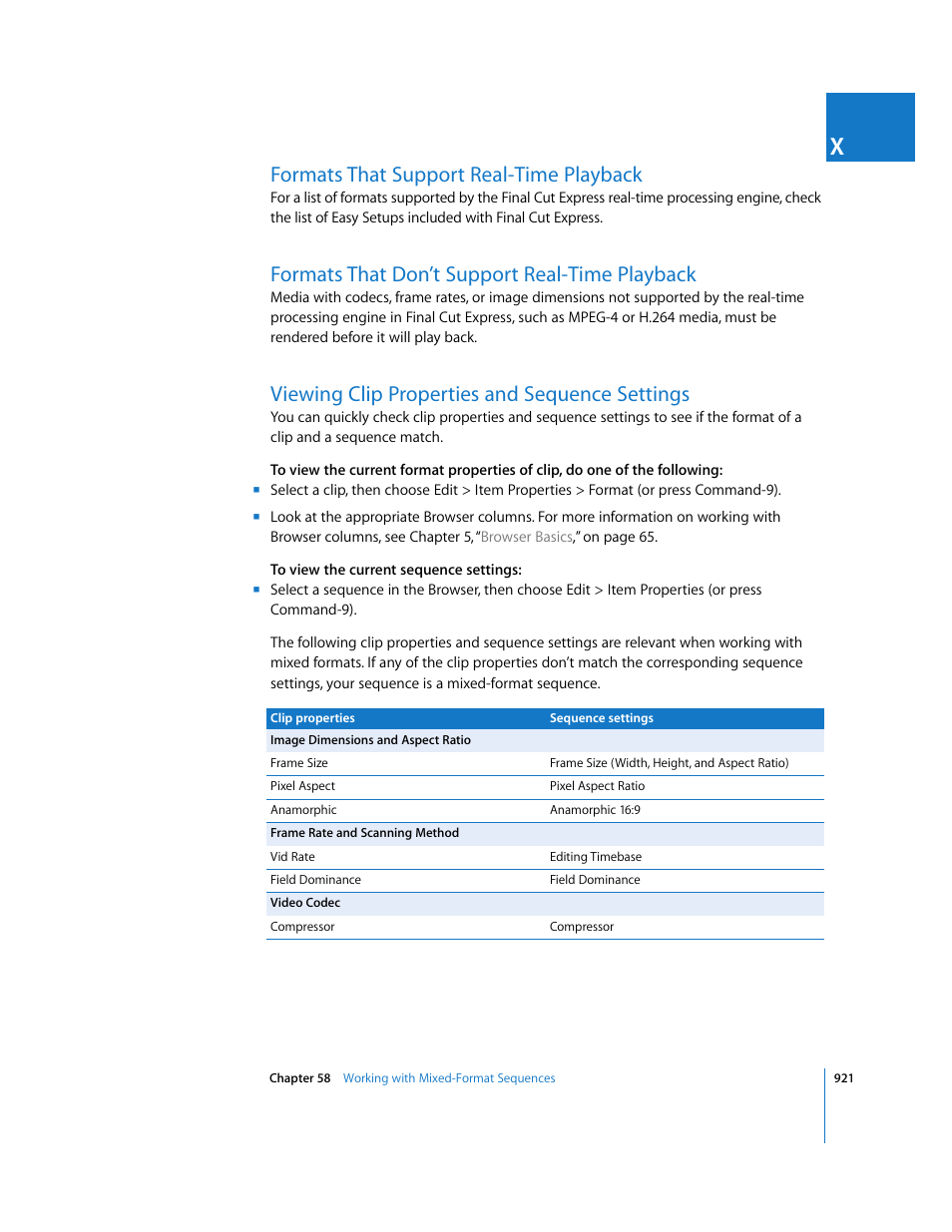 Formats that support real-time playback, Formats that don’t support real-time playback, Viewing clip properties and sequence settings | Apple Final Cut Express 4 User Manual | Page 921 / 1152