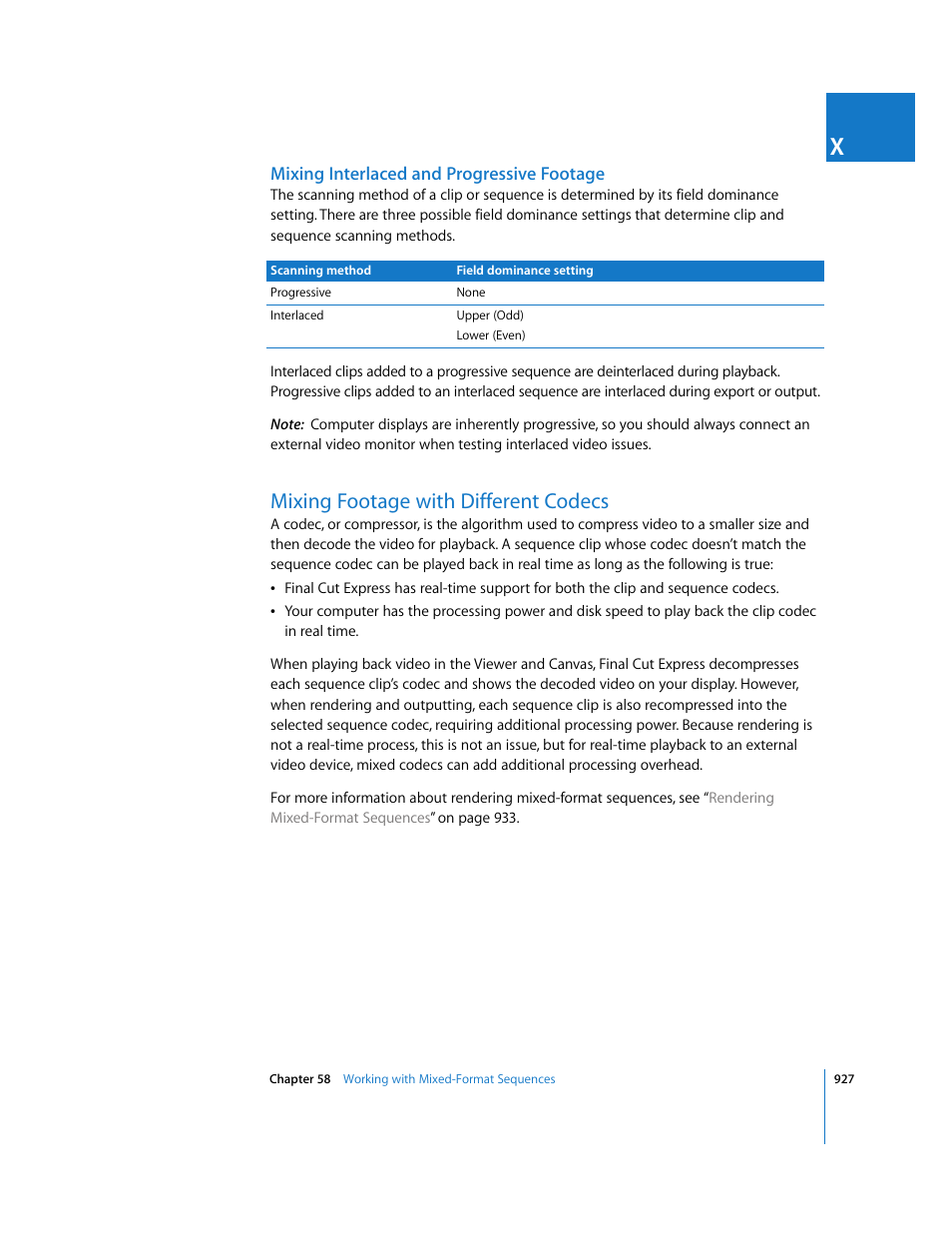 Mixing interlaced and progressive footage, Mixing footage with different codecs | Apple Final Cut Express 4 User Manual | Page 927 / 1152