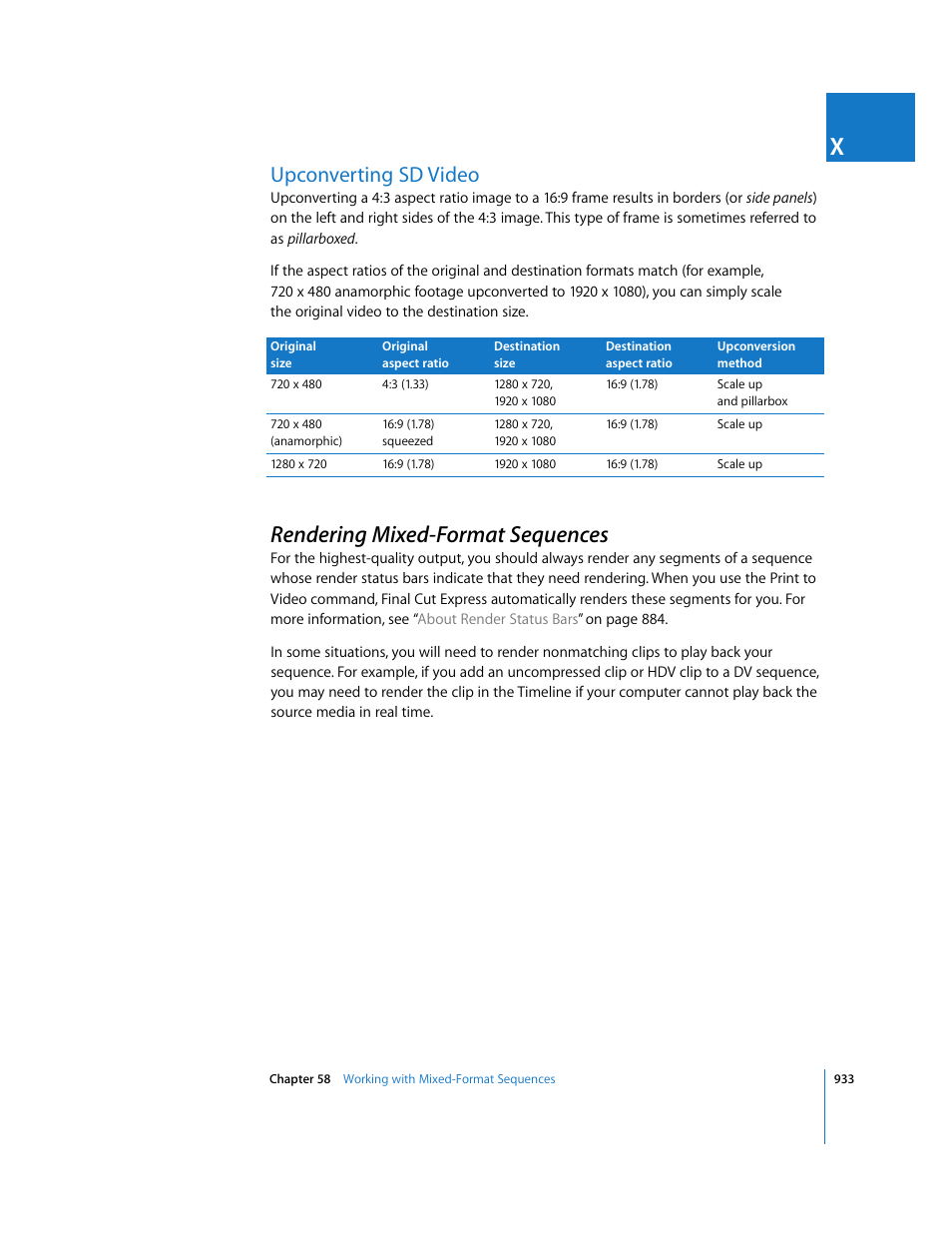 Upconverting sd video, Rendering mixedformat sequences, Rendering mixed-format sequences | P. 933), Rendering, Mixed-format sequences | Apple Final Cut Express 4 User Manual | Page 933 / 1152