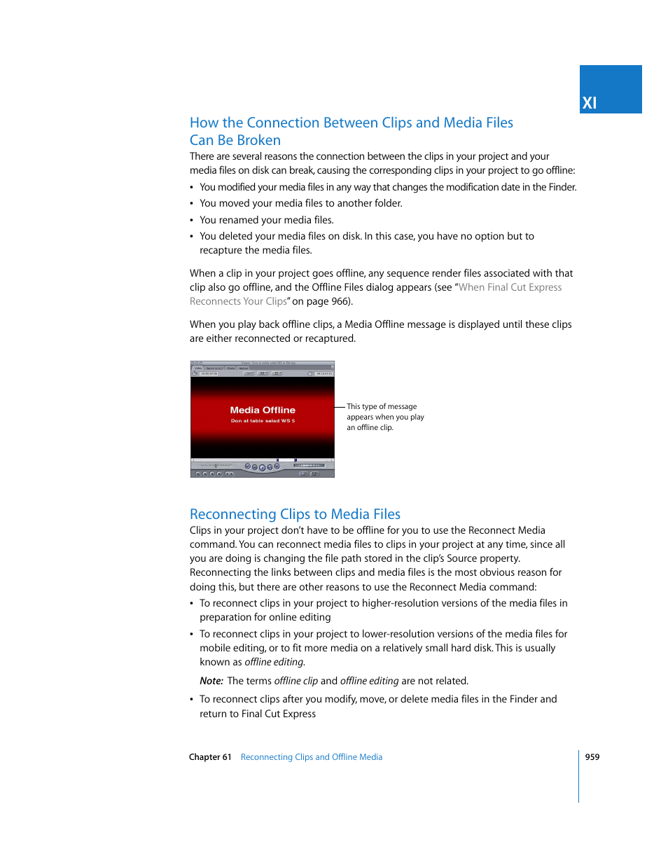 Reconnecting clips to media files, P. 959) | Apple Final Cut Express 4 User Manual | Page 959 / 1152