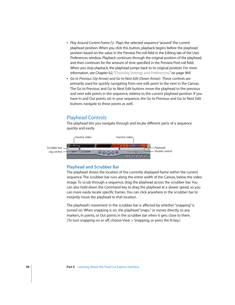 Playhead controls, Playhead and scrubber bar, P. 98) | Apple Final Cut Express 4 User Manual | Page 98 / 1152