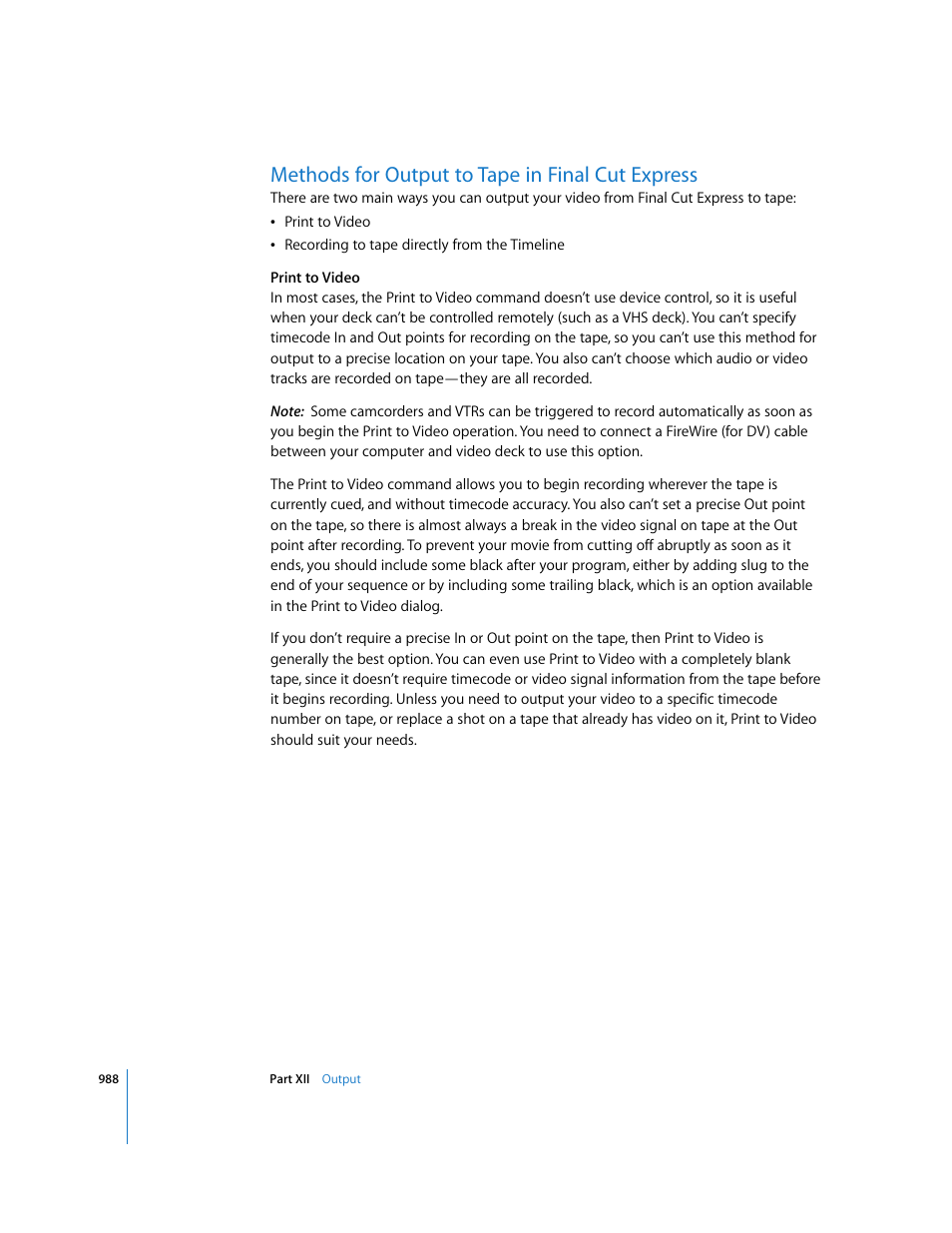 Methods for output to tape in finalcutexpress, Methods for output to tape in final cut express, P. 988) | Apple Final Cut Express 4 User Manual | Page 988 / 1152