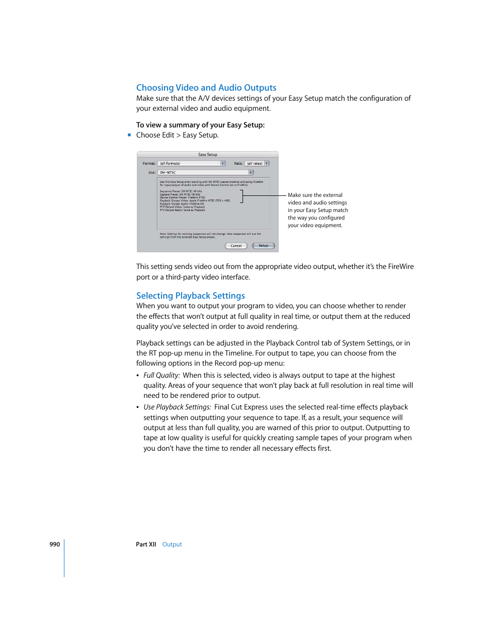 Choosing video and audio outputs, Selecting playback settings | Apple Final Cut Express 4 User Manual | Page 990 / 1152