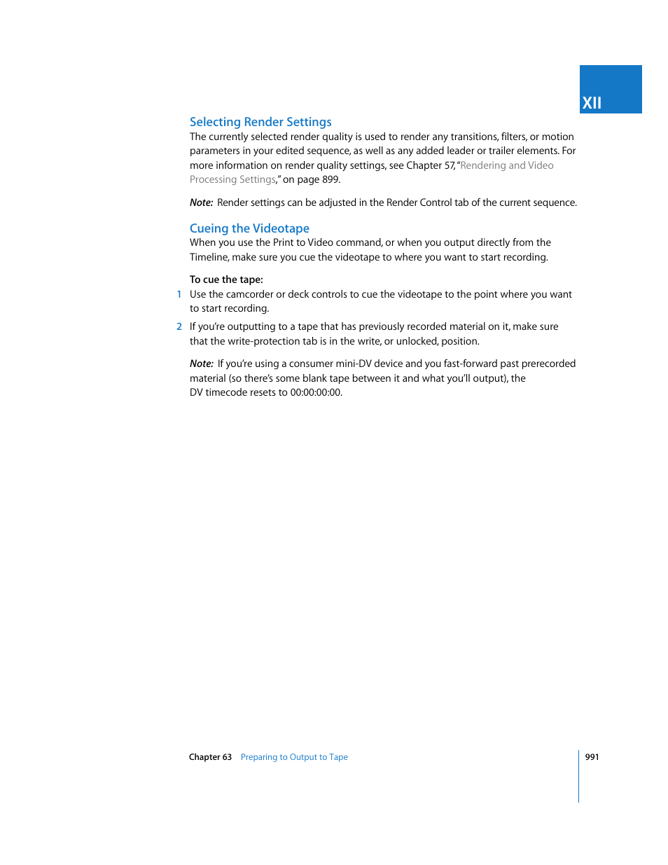 Selecting render settings, Cueing the videotape | Apple Final Cut Express 4 User Manual | Page 991 / 1152