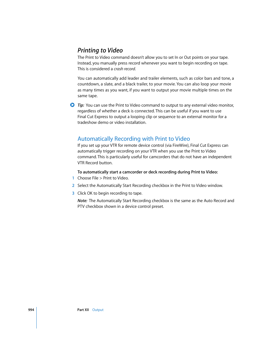 Printing to video, Automatically recording with print to video, P. 994) | Apple Final Cut Express 4 User Manual | Page 994 / 1152