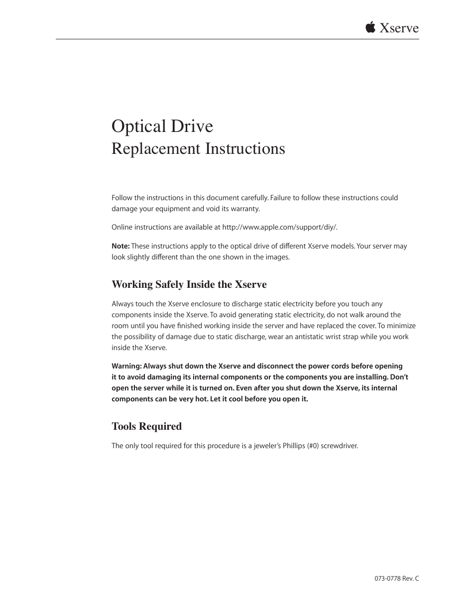 Optical drive, Replacement instructions, Xserve | Apple Xserve (Early 2008) DIY Procedure for Enclosure User Manual | Page 10 / 169