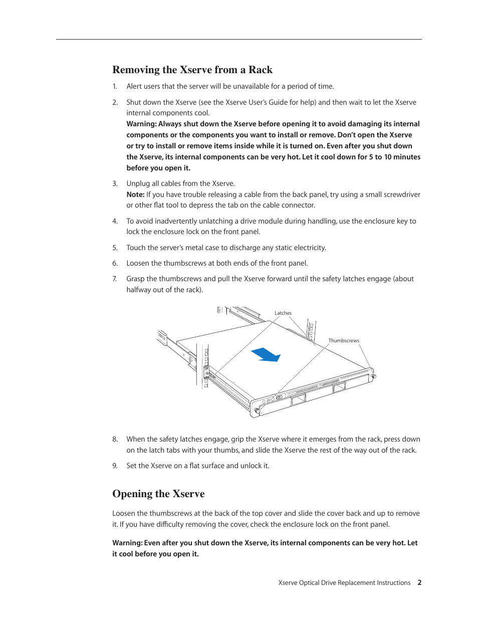 Removing the xserve from a rack, Opening the xserve | Apple Xserve (Early 2008) DIY Procedure for Enclosure User Manual | Page 11 / 169