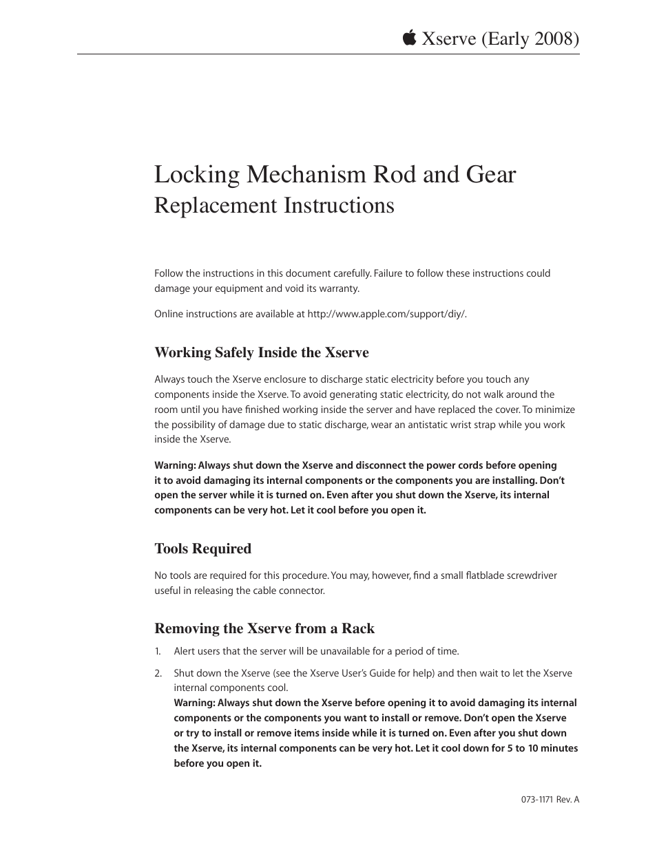 Locking mechanism rod and gear, Replacement instructions, Xserve (early 2008) | Apple Xserve (Early 2008) DIY Procedure for Enclosure User Manual | Page 55 / 169