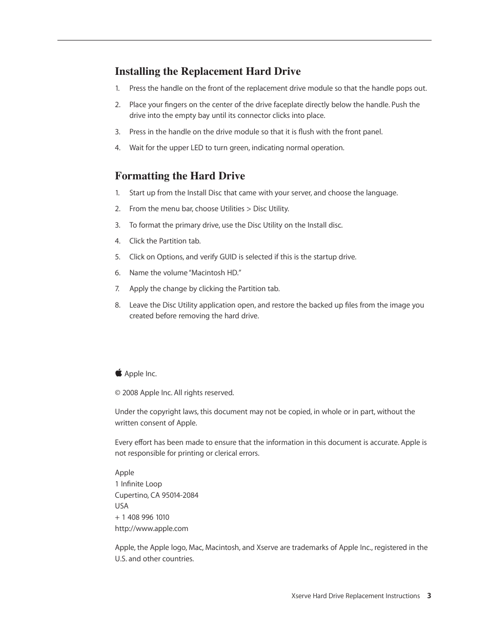Installing the replacement hard drive, Formatting the hard drive | Apple Xserve (Early 2008) DIY Procedure for Enclosure User Manual | Page 9 / 169
