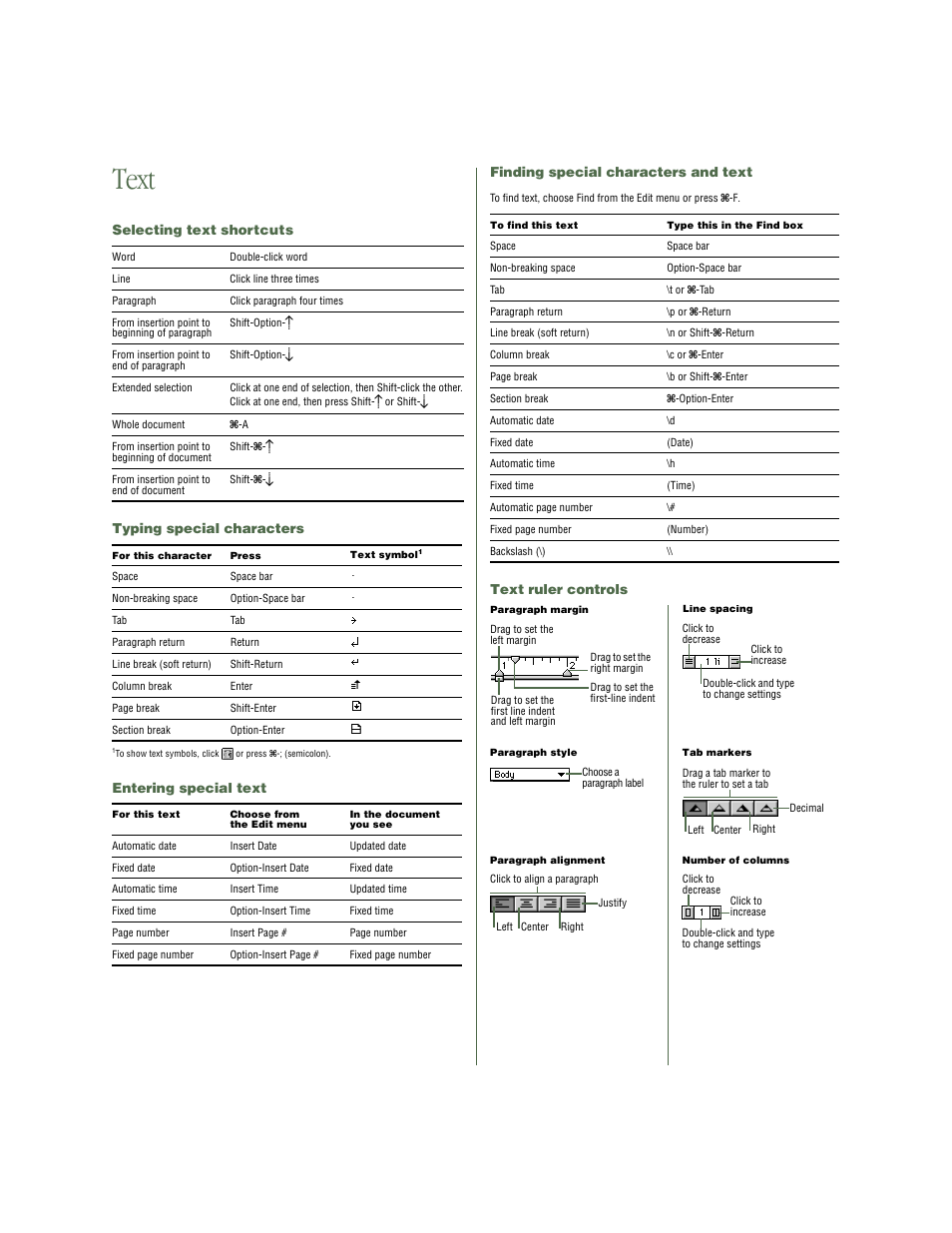 Text, Selecting text shortcuts, Typing special characters | Entering special text, Finding special characters and text, Text ruler controls | Apple AppleWorks 5 : Mac OS User Manual | Page 2 / 4