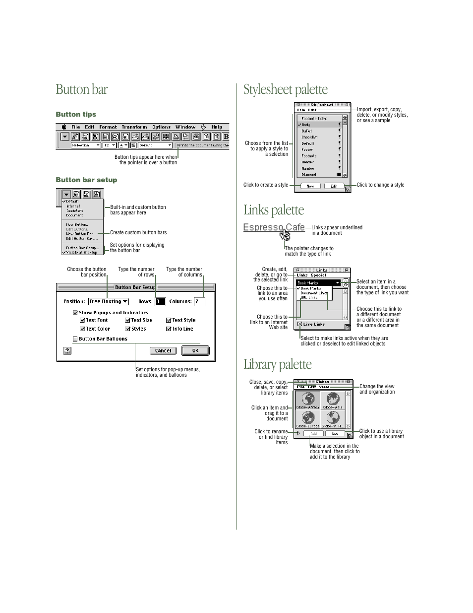 Button bar, Button tips, Button bar setup | Stylesheet palette, Links palette, Library palette, Stylesheet palette links palette library palette | Apple AppleWorks 5 : Mac OS User Manual | Page 3 / 4